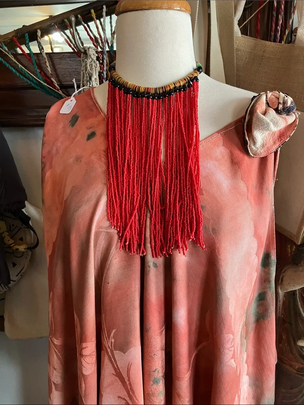 Handcrafted Red Beaded Fringe Necklace